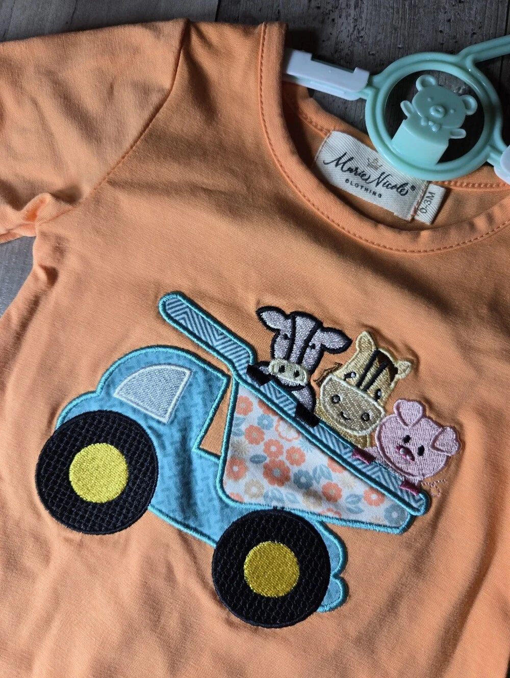 Marie Nicole Orange Animal Dump Truck Embroidered Romper 0–3M NWOT